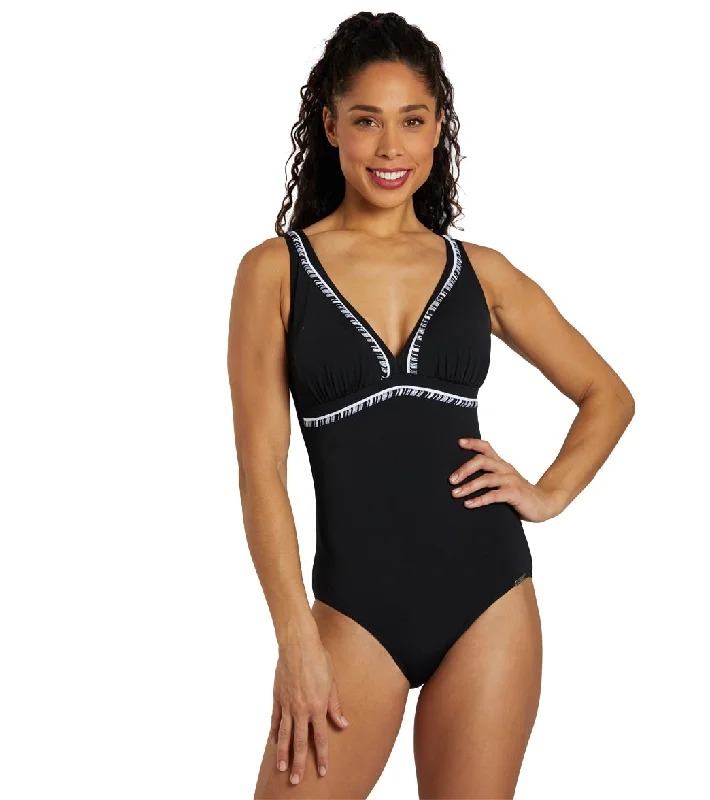 Sunmarin Women's Chlorine Proof V Neck Piped One Piece Swimsuit Sporty Swimsuit Style Sunmarin Women's Chlorine Proof V Neck Piped One Piece Swimsuit Sporty Swimsuit Style