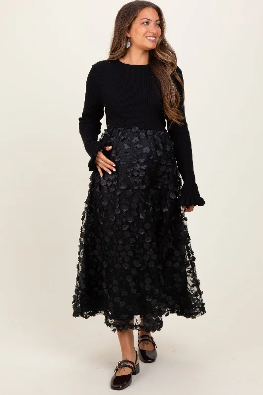 Black Floral Applique Contrast Skirt Maternity Midi Dress Elegant Satin Midi Dress