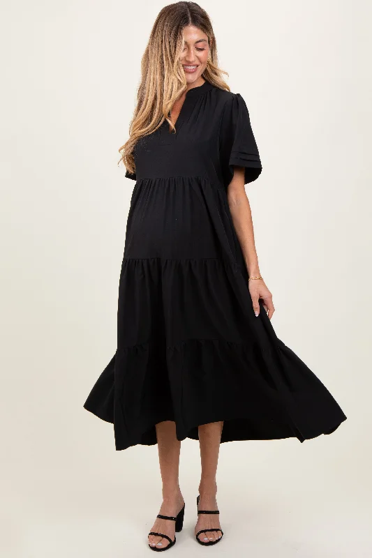 Black V-Neck Tiered Maternity Midi Dress Comfortable Sleeveless Midi Dress