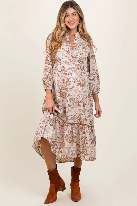 Brown Printed Split Ruffle Collar Maternity Midi Dress Fashionable Fitted Midi Dress Brown Printed Split Ruffle Collar Maternity Midi Dress Fashionable Fitted Midi Dress