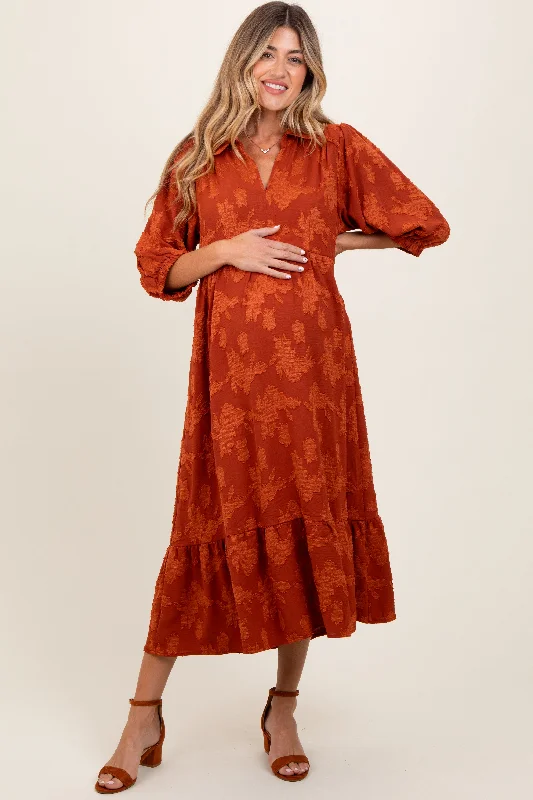 Dark Orange Floral Applique Collared Maternity Midi Dress Trendy Smocked Waist Midi Dress Dark Orange Floral Applique Collared Maternity Midi Dress Trendy Smocked Waist Midi Dress