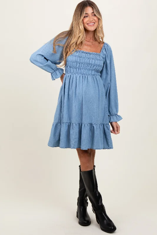 Light Blue Vintage Wash Chambray Smocked Maternity Midi Dress Stylish Button-Down Midi Dress Light Blue Vintage Wash Chambray Smocked Maternity Midi Dress Stylish Button-Down Midi Dress