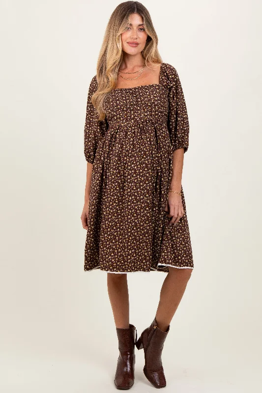 Mocha Floral Pleated Bodice Lace Trim Maternity Midi Dress Elegant Floral Midi Dress Mocha Floral Pleated Bodice Lace Trim Maternity Midi Dress Elegant Floral Midi Dress