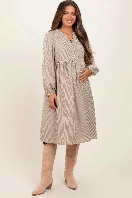 Taupe Pin Stripe Split Neckline Maternity Midi Dress Fashionable Off-Shoulder Dress Midi Taupe Pin Stripe Split Neckline Maternity Midi Dress Fashionable Off-Shoulder Dress Midi