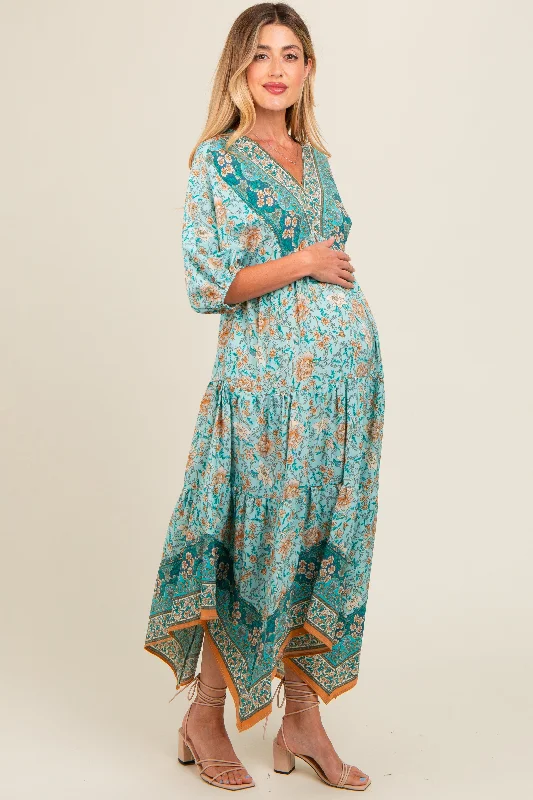Aqua Floral Border Print V-Neck Tiered Maternity Midi Dress Trendy Flared Sleeve Midi Dress Aqua Floral Border Print V-Neck Tiered Maternity Midi Dress Trendy Flared Sleeve Midi Dress
