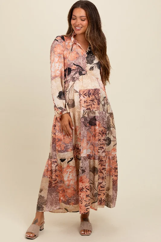 Beige Patchwork Satin Tiered Button Front Maternity Midi Dress Fashionable Chiffon Midi Dress Beige Patchwork Satin Tiered Button Front Maternity Midi Dress Fashionable Chiffon Midi Dress