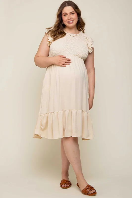 Beige Smocked Layered Ruffle Flutter Sleeve Maternity Plus Midi Dress Fashionable Pencil Midi Dress