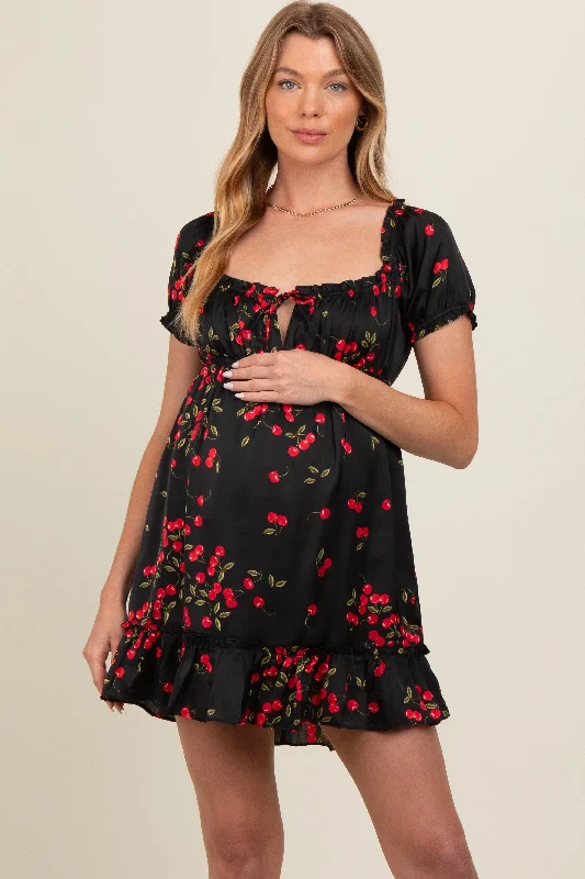 Black Cherry Puff Sleeve Maternity Mini Dress Comfortable Casual Mini Dress