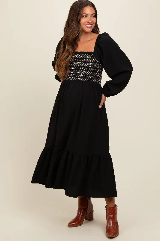 Black Contrast Smocked Balloon Sleeve Maternity Midi Dress Trendy Long Sleeve Midi Dress Black Contrast Smocked Balloon Sleeve Maternity Midi Dress Trendy Long Sleeve Midi Dress