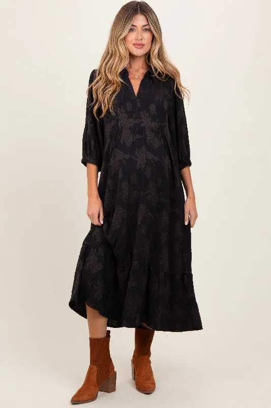 Black Floral Applique Collared Maternity Midi Dress Stylish Long Sleeve Floral Midi Dress Black Floral Applique Collared Maternity Midi Dress Stylish Long Sleeve Floral Midi Dress