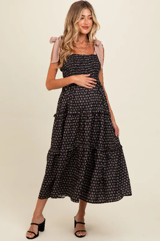Black Floral Print Contrast Shoulder Tie Tiered Maternity Midi Dress Cozy Knit Midi Dress Black Floral Print Contrast Shoulder Tie Tiered Maternity Midi Dress Cozy Knit Midi Dress