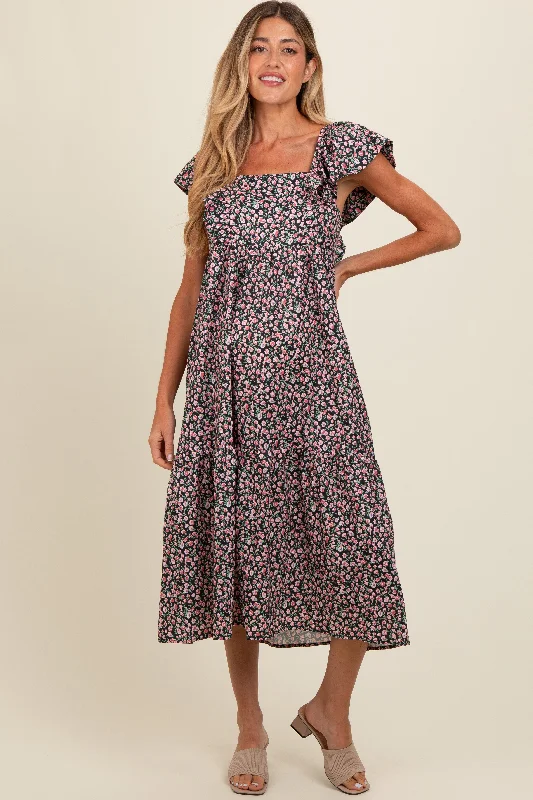 Black Floral Ruffle Off Shoulder Maternity Midi Dress Comfortable Button Front Midi Dress Black Floral Ruffle Off Shoulder Maternity Midi Dress Comfortable Button Front Midi Dress
