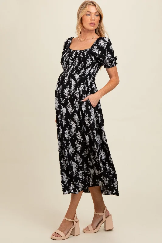 Black Floral Smocked Sweetheart Neckline Maternity Midi Dress Comfortable Deep V Midi Dress Black Floral Smocked Sweetheart Neckline Maternity Midi Dress Comfortable Deep V Midi Dress