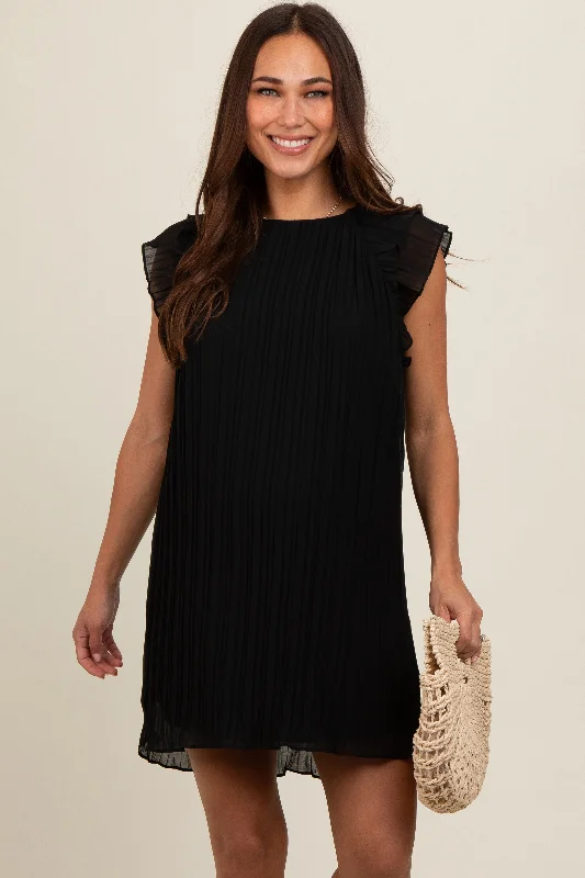 Black Flutter Sleeve Pleated Chiffon Maternity Mini Dress Chic Mini Dress with V-Neck Black Flutter Sleeve Pleated Chiffon Maternity Mini Dress Chic Mini Dress with V-Neck