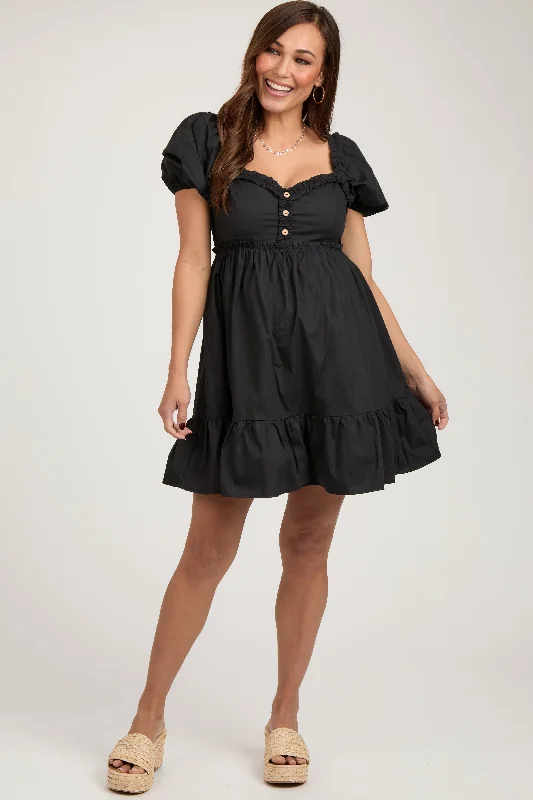 Black Puff Sleeve Ruffle Accent Maternity Mini Dress Fashionable Button-Front Mini Dress Black Puff Sleeve Ruffle Accent Maternity Mini Dress Fashionable Button-Front Mini Dress