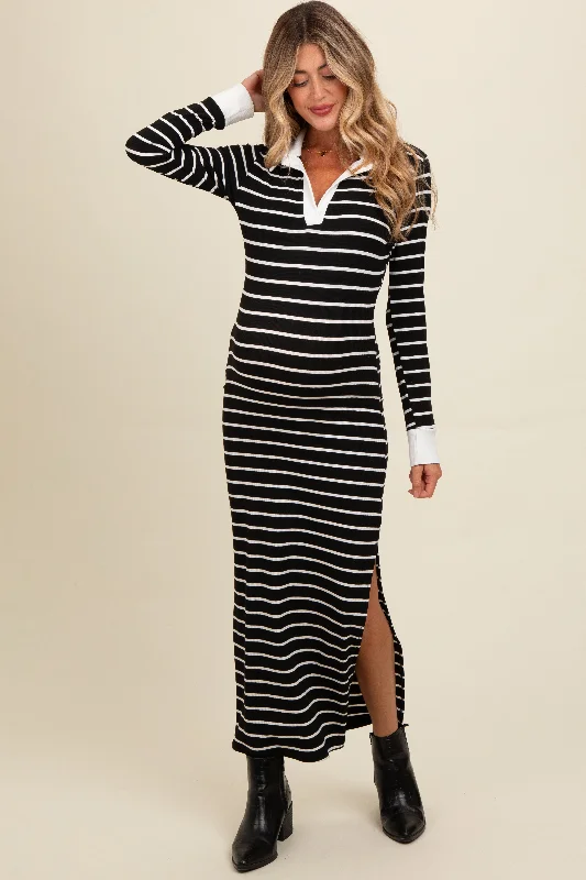 Black Striped Collared Long Sleeve Maternity Midi Dress Fashionable Skater Midi Dress Black Striped Collared Long Sleeve Maternity Midi Dress Fashionable Skater Midi Dress