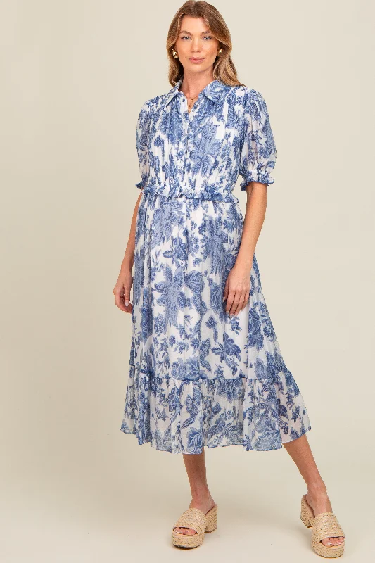 Blue Floral Ruffle Accent Button Up Maternity Midi Dress Comfortable Fit-and-Flare Midi Dress Blue Floral Ruffle Accent Button Up Maternity Midi Dress Comfortable Fit-and-Flare Midi Dress