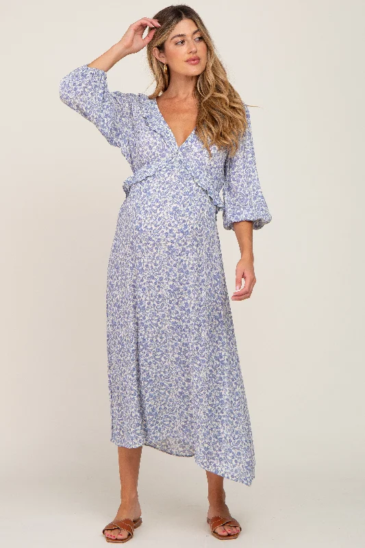 Blue Floral Ruffle V-Neck Maternity Midi Dress Trendy Mock Neck Midi Dress