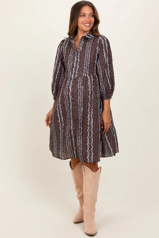 Brown Floral Striped Button Down Maternity Midi Dress Stylish High-Waisted Midi Dress Brown Floral Striped Button Down Maternity Midi Dress Stylish High-Waisted Midi Dress
