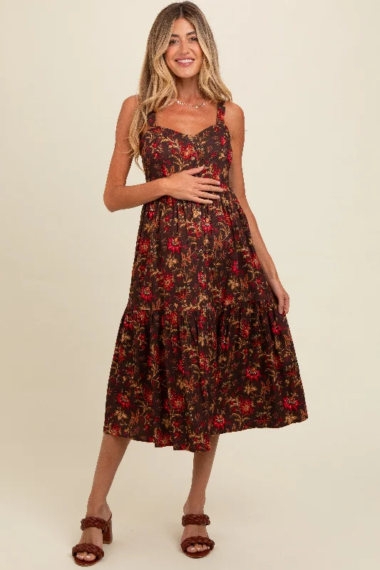 Brown Floral Sweetheart Neck Button Down Maternity Midi Dress Stylish Cold Shoulder Midi Dress Brown Floral Sweetheart Neck Button Down Maternity Midi Dress Stylish Cold Shoulder Midi Dress