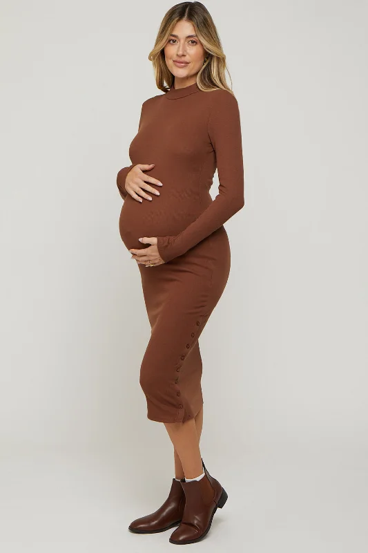 Brown Ribbed Mock Neck Button Side Slit Maternity Midi Dress Elegant Floral Midi Dress Brown Ribbed Mock Neck Button Side Slit Maternity Midi Dress Elegant Floral Midi Dress