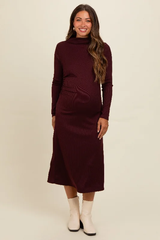 Brown Ruffle Mock Neck Long Sleeve Maternity Midi Dress Fashionable Fitted Midi Dress