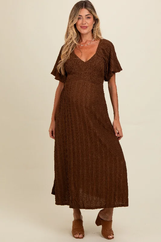 Brown Smocked V-Neck Short Puff Sleeve Textured Maternity Midi Dress Stylish Striped Midi Dress Brown Smocked V-Neck Short Puff Sleeve Textured Maternity Midi Dress Stylish Striped Midi Dress
