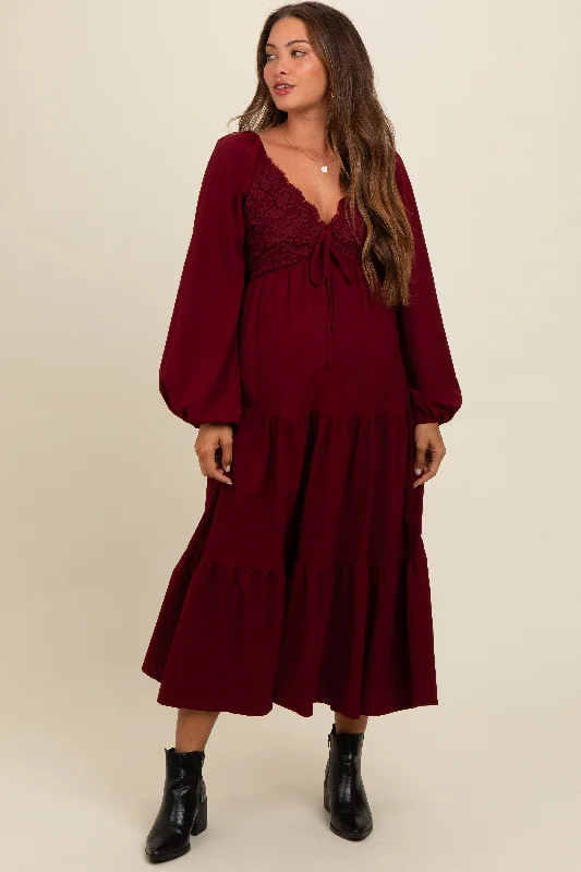 Burgundy Contrast Lace Bodice Tiered Maternity Midi Dress Trendy Off-Shoulder Ruffle Midi Dress Burgundy Contrast Lace Bodice Tiered Maternity Midi Dress Trendy Off-Shoulder Ruffle Midi Dress