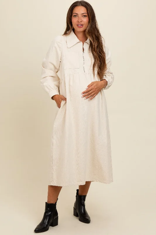 Cream Half Zip Front Pocket Collared Maternity Midi Dress Stylish Color Block Midi Dress Cream Half Zip Front Pocket Collared Maternity Midi Dress Stylish Color Block Midi Dress