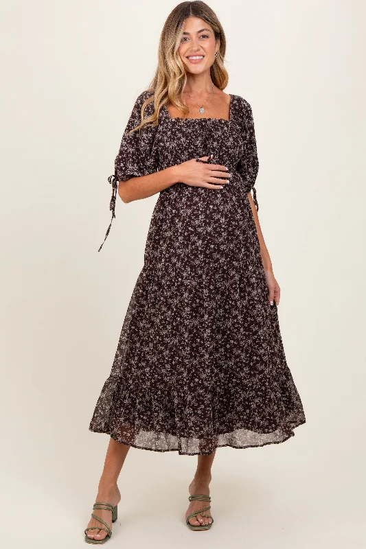 Dark Brown Floral Smocked Sleeve Tie Maternity Midi Dress Fashionable Casual Midi Dress Dark Brown Floral Smocked Sleeve Tie Maternity Midi Dress Fashionable Casual Midi Dress