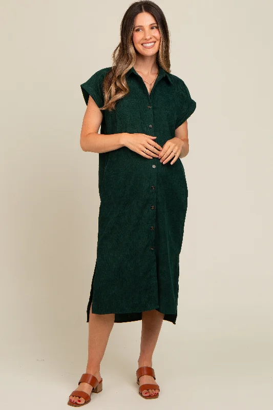 Forest Green Corduroy Button Down Maternity Midi Dress Comfortable Sleeveless Midi Dress Forest Green Corduroy Button Down Maternity Midi Dress Comfortable Sleeveless Midi Dress
