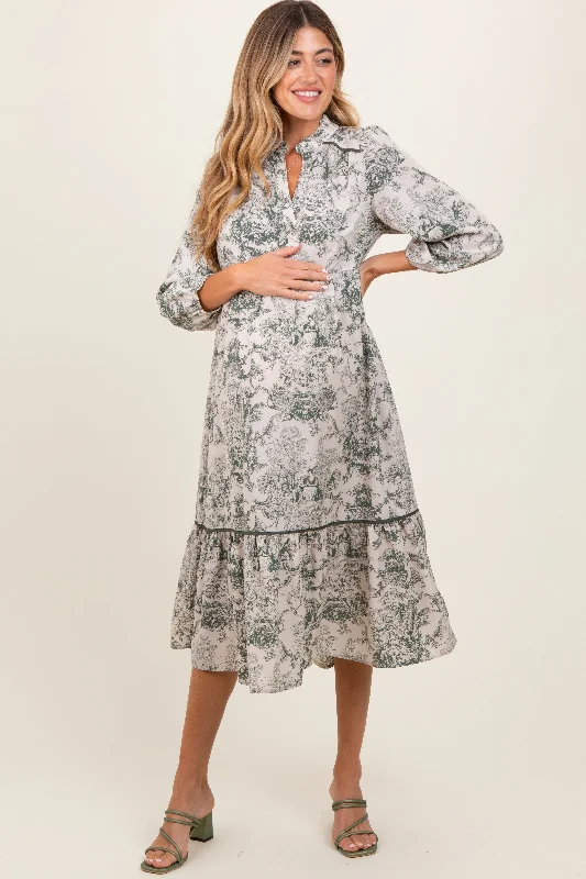Forest Green Printed Split Ruffle Collar Maternity Midi Dress Trendy Fit-and-Flare Midi Dress Forest Green Printed Split Ruffle Collar Maternity Midi Dress Trendy Fit-and-Flare Midi Dress