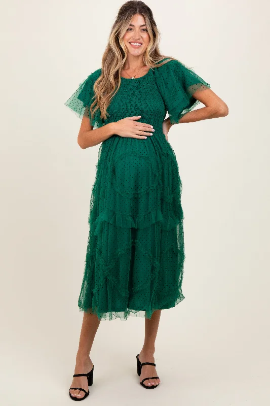 Hunter Green Smocked Ruffled Mesh Maternity Midi Dress Stylish Button-Down Midi Dress Hunter Green Smocked Ruffled Mesh Maternity Midi Dress Stylish Button-Down Midi Dress
