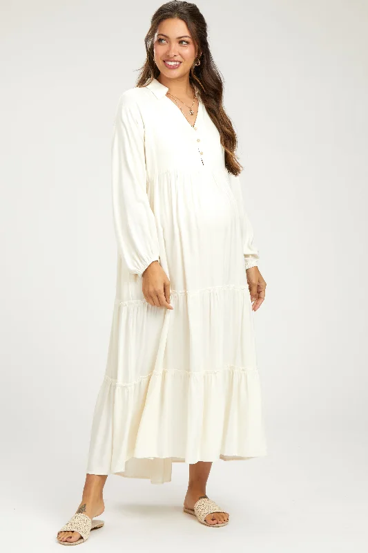 Ivory Button Front V-Neck Ruffle Tiered Maternity Midi Dress Comfortable Ruched Midi Dress Ivory Button Front V-Neck Ruffle Tiered Maternity Midi Dress Comfortable Ruched Midi Dress