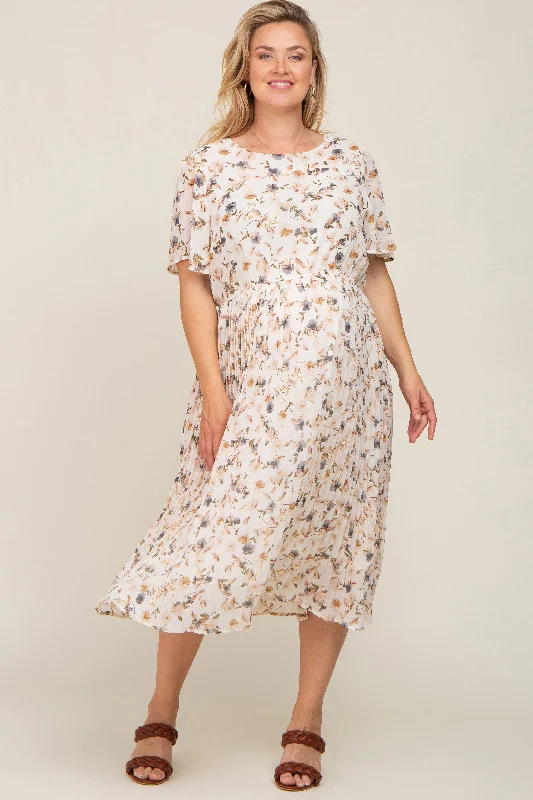 Ivory Floral Chiffon Pleated Short Sleeve Maternity Plus Midi Dress Elegant Puff Sleeve Midi Dress Ivory Floral Chiffon Pleated Short Sleeve Maternity Plus Midi Dress Elegant Puff Sleeve Midi Dress