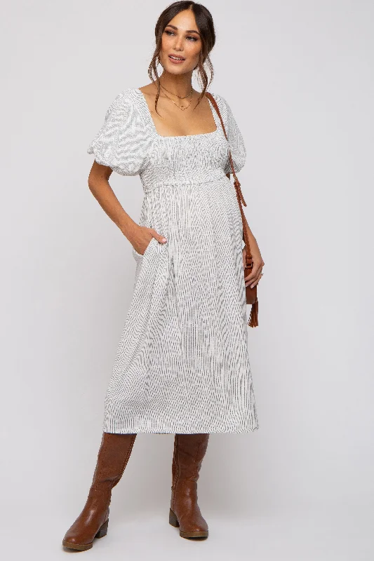 Ivory Striped Linen Smocked Short Puff Sleeve Maternity Midi Dress Trendy Shift Midi Dress Ivory Striped Linen Smocked Short Puff Sleeve Maternity Midi Dress Trendy Shift Midi Dress