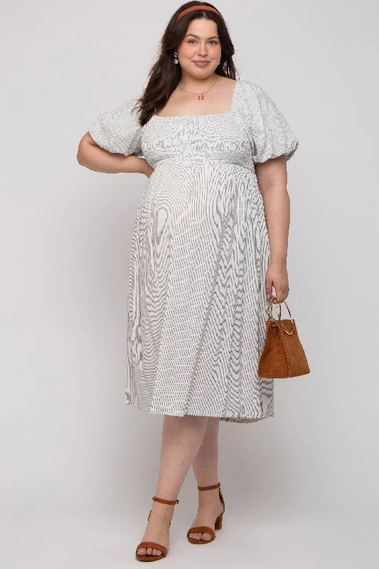 Ivory Striped Linen Smocked Short Puff Sleeve Maternity Plus Midi Dress Fashionable One-Shoulder Midi Dress Ivory Striped Linen Smocked Short Puff Sleeve Maternity Plus Midi Dress Fashionable One-Shoulder Midi Dress