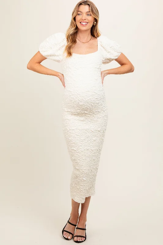 Ivory Textured Square Neck Puff Sleeve Maternity Midi Dress Fashionable One-Shoulder Midi Dress Ivory Textured Square Neck Puff Sleeve Maternity Midi Dress Fashionable One-Shoulder Midi Dress
