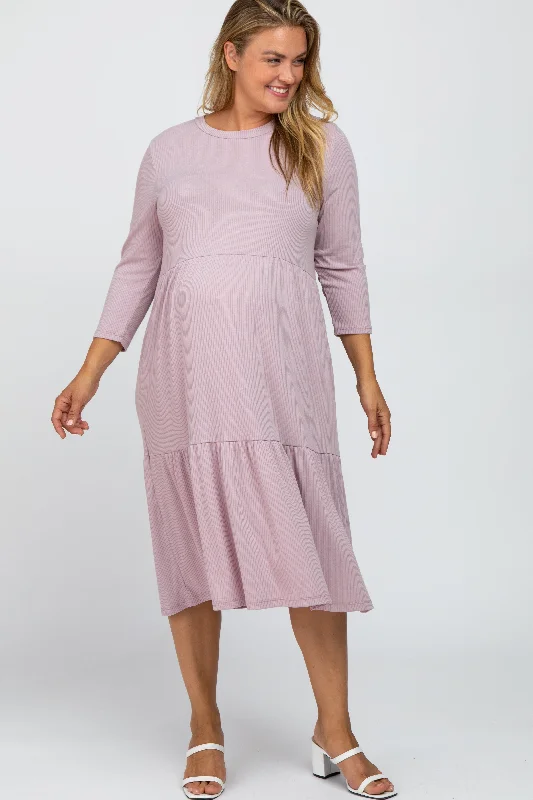 Lavender Tiered Ribbed 3/4 Sleeve Plus Maternity Midi Dress Stylish Midi Dress with Cuffs Lavender Tiered Ribbed 3/4 Sleeve Plus Maternity Midi Dress Stylish Midi Dress with Cuffs