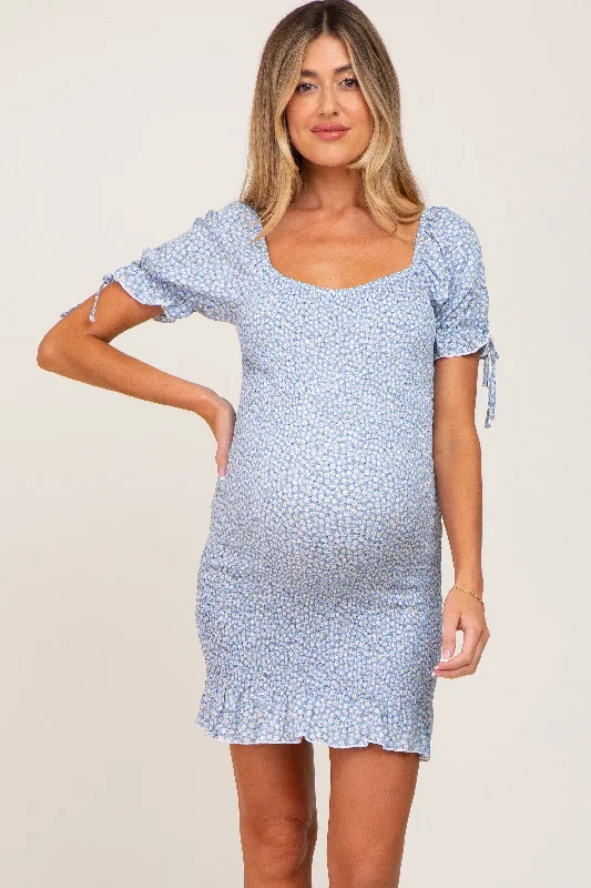 Light Blue Floral Smocked Short Puff Sleeve Maternity Mini Dress Comfortable Bodycon Mini Dress Light Blue Floral Smocked Short Puff Sleeve Maternity Mini Dress Comfortable Bodycon Mini Dress