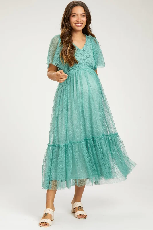 Light Olive Dotted Tulle Smocked Maternity Midi Dress Fashionable Floral Embroidery Midi Dress Light Olive Dotted Tulle Smocked Maternity Midi Dress Fashionable Floral Embroidery Midi Dress