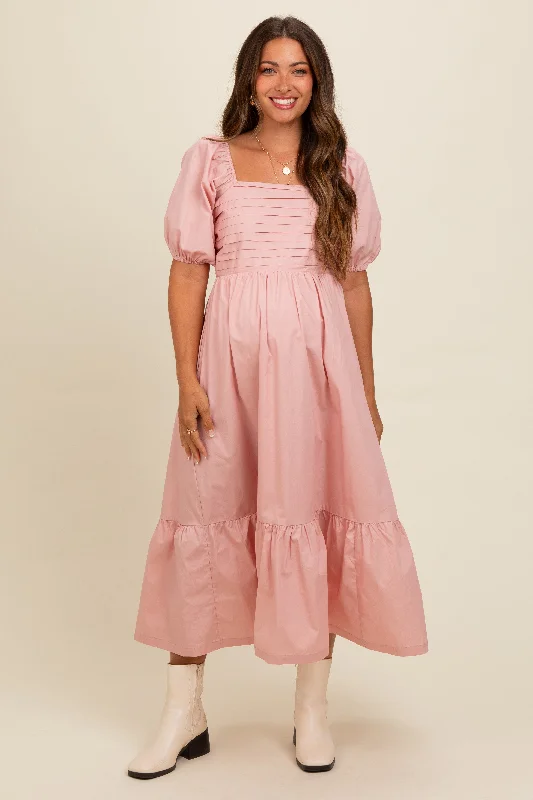 Light Pink Pleated Bodice Puff Sleeve Maternity Midi Dress Fashionable Shift Midi Dress Light Pink Pleated Bodice Puff Sleeve Maternity Midi Dress Fashionable Shift Midi Dress
