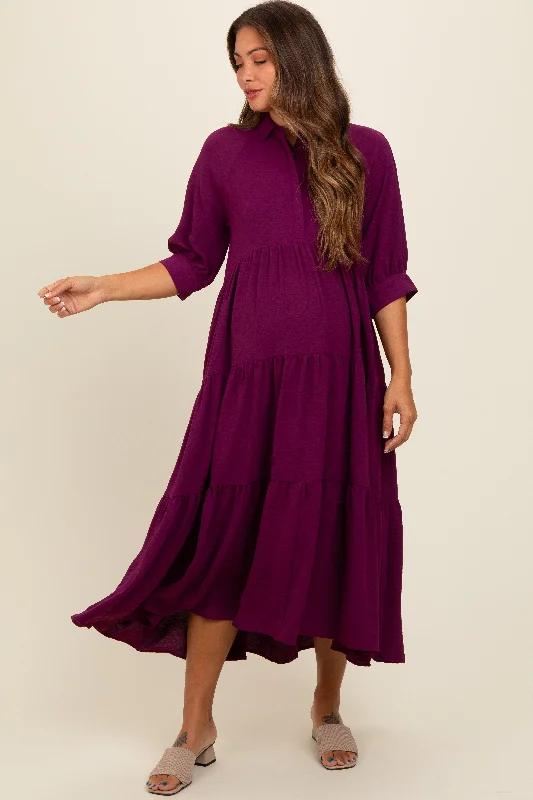 Magenta Collared Button Up Tiered Maternity Midi Dress Cozy T-shirt Midi Dress