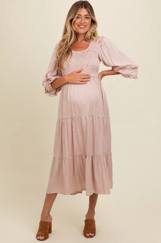 Mauve Smocked Ruffle Shoulder Tiered Maternity Midi Dress Elegant Floral Appliqué Midi Dress