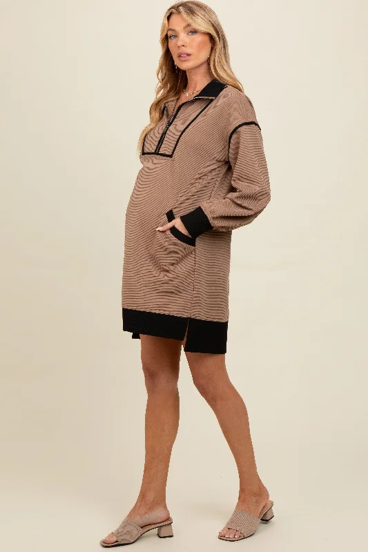 Mocha Contrast Trim Collared Zip Up Maternity Mini Dress Stylish Button-Down Mini Dress Mocha Contrast Trim Collared Zip Up Maternity Mini Dress Stylish Button-Down Mini Dress