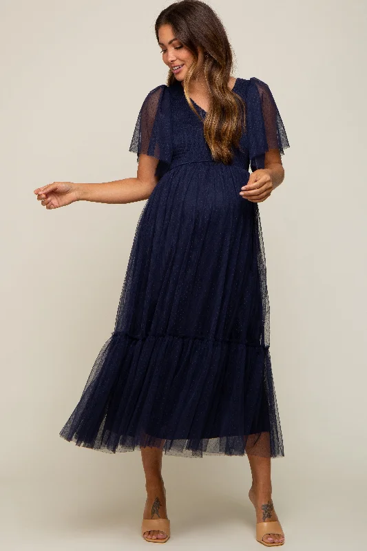 Navy Blue Dotted Tulle Smocked Maternity Midi Dress Stylish Color Block Midi Dress