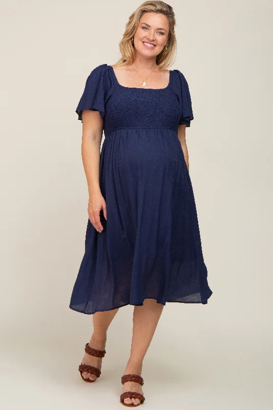 Navy Blue Smocked Square Neck Flutter Short Sleeve Maternity Plus Midi Dress Fashionable Wide Leg Midi Dress Navy Blue Smocked Square Neck Flutter Short Sleeve Maternity Plus Midi Dress Fashionable Wide Leg Midi Dress