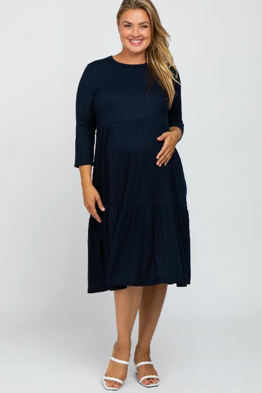 Navy Tiered Ribbed 3/4 Sleeve Plus Maternity Midi Dress Comfortable Lace-Up Midi Dress Navy Tiered Ribbed 3/4 Sleeve Plus Maternity Midi Dress Comfortable Lace-Up Midi Dress