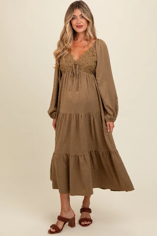 Olive Contrast Lace Bodice Tiered Maternity Midi Dress Comfortable Sleeveless Midi Dress Olive Contrast Lace Bodice Tiered Maternity Midi Dress Comfortable Sleeveless Midi Dress