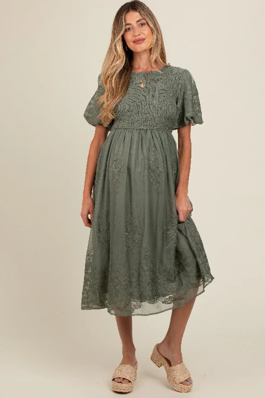 Olive Floral Lace Smocked Maternity Midi Dress Comfortable Adjustable Strap Midi Dress Olive Floral Lace Smocked Maternity Midi Dress Comfortable Adjustable Strap Midi Dress
